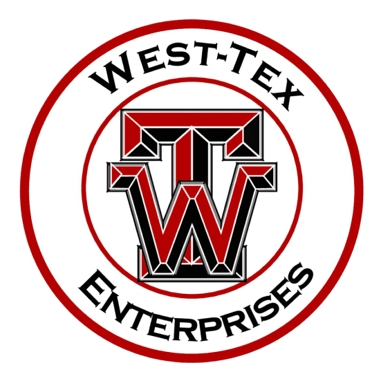 A red and black logo for west-tex enterprises.